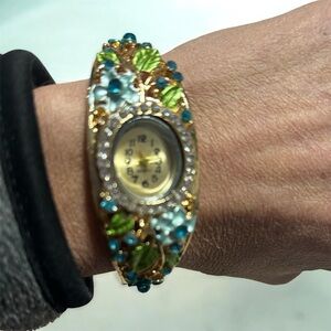Gold Floral Bangle Watch with Teal and Green Enamel Accents Small Wrist